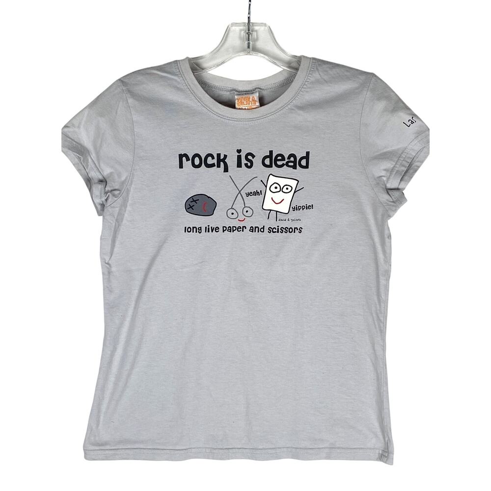David & Goliath Rock Is Dead Graphic Shirt Women XL Humor Indie Punk Novelty Y2K